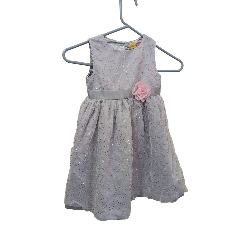Penelope Mack Girls 4T silver purple Dress W/ Pink Sequins & Flower Accent Tulle